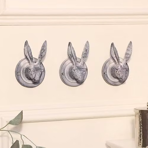 Melody Maison Set of 3 Grey Metal Hare Head Wall Mounted Coat Hooks