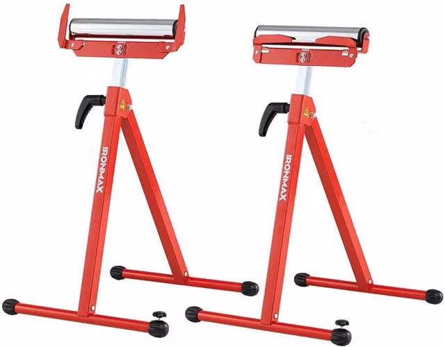 Gymax 2-Piece Set of Red Metal Folding Roller Stands with Adjustable Height for Table Saws