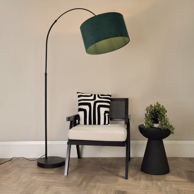 ValueLights Louis Black Arched Floor Lamp with Green Velvet Drum Shade and LED Bulb – 1