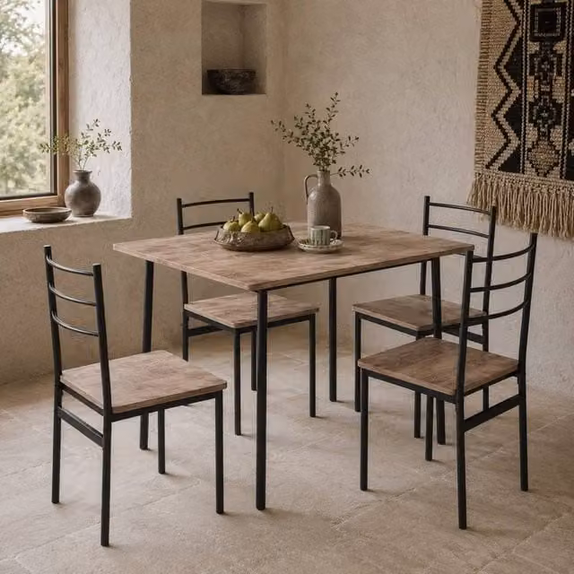 Wyld Haus Kaloro 5 Piece Industrial Dining Set with Black Steel Frame and Brown MDF Laminate, W/D/H: 110 x 70 x 75 cm
