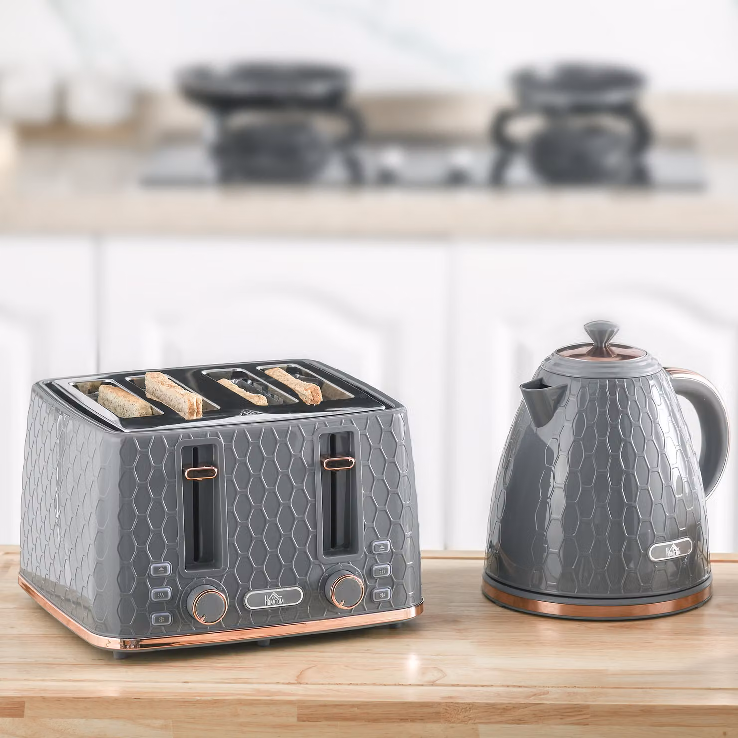 HOMCOM Grey Kettle and 4 Slice Toaster Set with 1.7L Capacity and 7 Browning Controls – 2