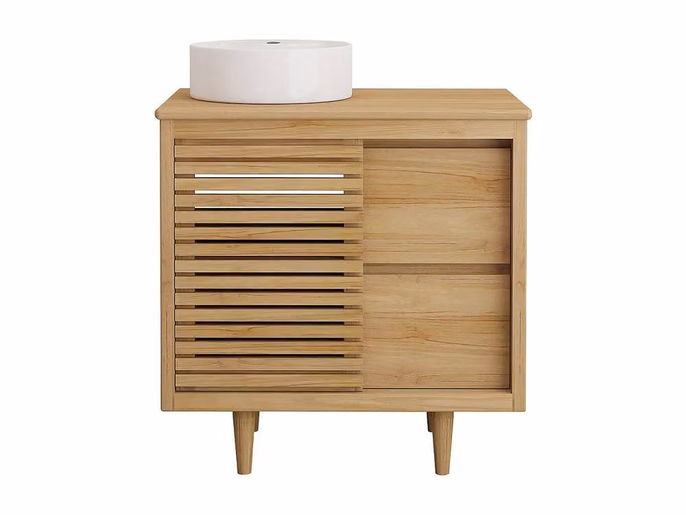 Vente-unique Freestanding Teak Bathroom Vanity Unit with Round Ceramic Countertop in Light Oak and Brown – 2