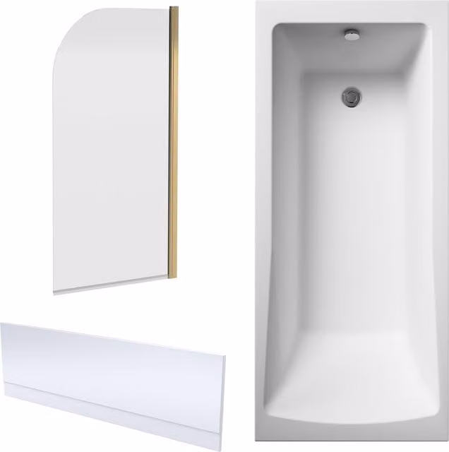Balterley Square Rectangular Shower Bath Set with White Panel and Brass Round Corner Screen, W/D/H: 170 x 70 x 70 cm
