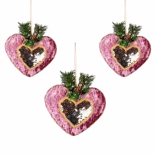 SHATCHI 3-Piece Pink and Gold Heart Christmas Tree Hanging Decorations, Textile Bauble Pendants, Diameter: 16.5 cm