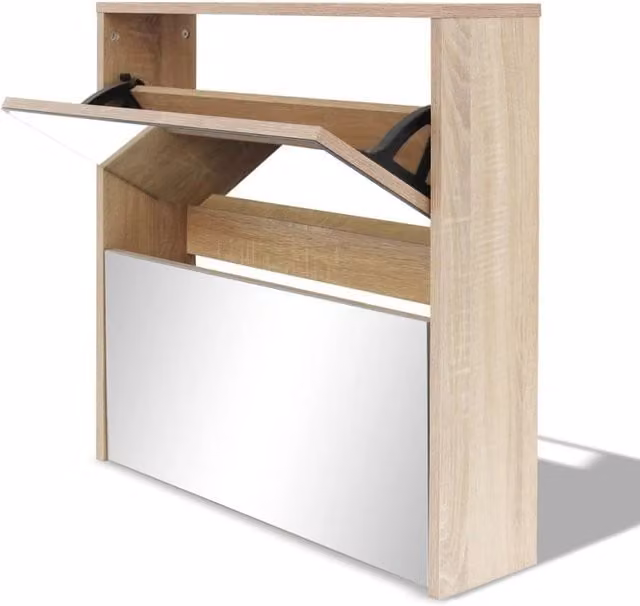 Berkfield Home 2-Layer Oak Shoe Cabinet with Mirror in Beige, W: 63 cm, D: 17 cm, H: 67 cm – 1