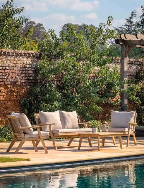 Gallery Direct Marina 4 Seater Outdoor Lounge Set in Beige with Acacia Wood Frame and UV-Resistant Polyester Cushions