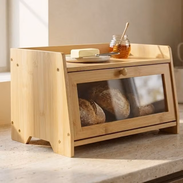 Maison Des Cadeaux Brown Ventilated Bamboo Bread Bin with Top Shelf