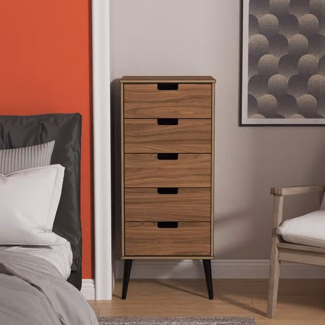 Ready Assembled 2 U Taiwan 5 Drawer Tall Bedside Chest in Walnut – 1