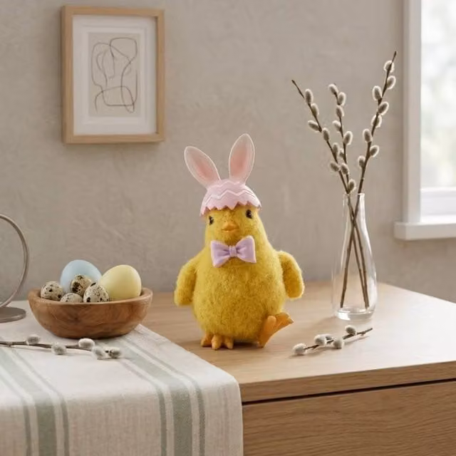 Garden Greatness Fluffy Easter Chick and Bunny Ears Tabletop Ornament in Yellow, Pink and Multicolour