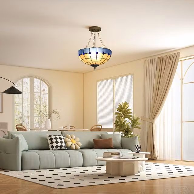 HOMCOM Tiffany Style Vintage Ceiling Light with 3 E27 Sockets in Blue, White and Bronze