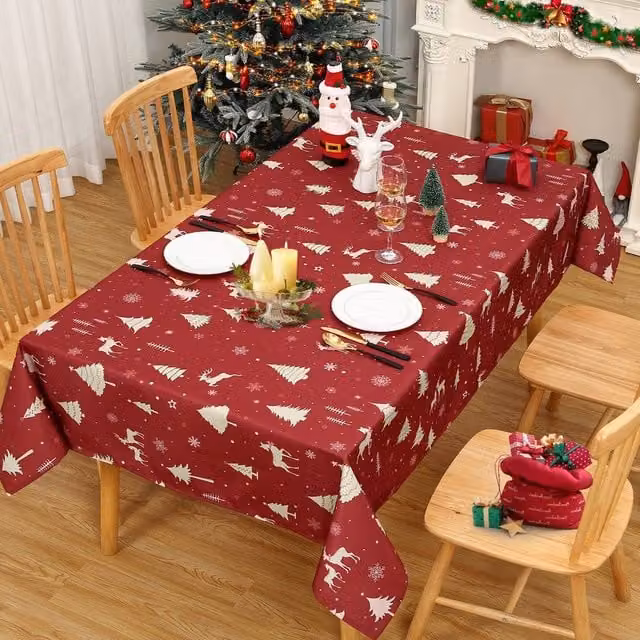 London Boutique Red Christmas Tablecloth, Waterproof and Washable Rectangular Table Cover, W: 137.16 cm, D: 274.32 cm