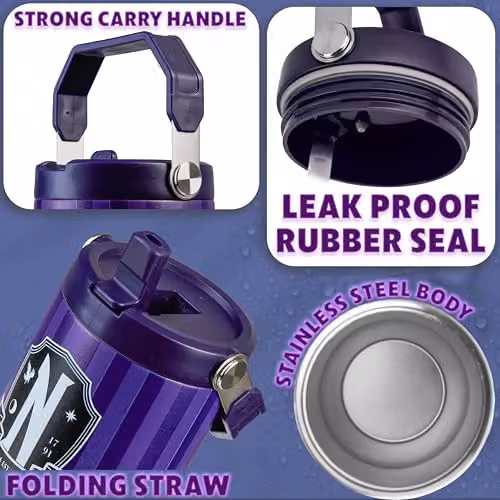 Get Trend Wednesday Insulated Metal Travel Tumbler with Flip Up Straw and Handle, 850ml, Purple – 4