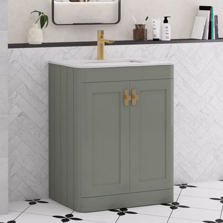 Royal Bathrooms Henley 600mm Sage Green Floor Standing 2 Door Vanity Unit with Carrara White Stone Top and Brushed Brass Knob