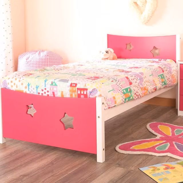 Comfy Living Single Childrens Modern Star Bed Frame in Pink Solid Pine Wood
