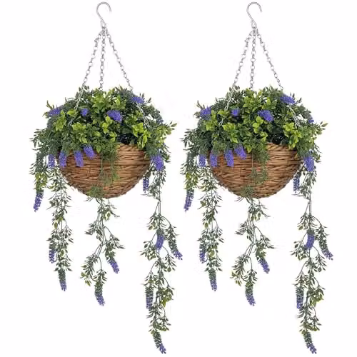 HOMCOM Set of 2 Artificial Purple Lavender Hanging Baskets with Silk Flowers