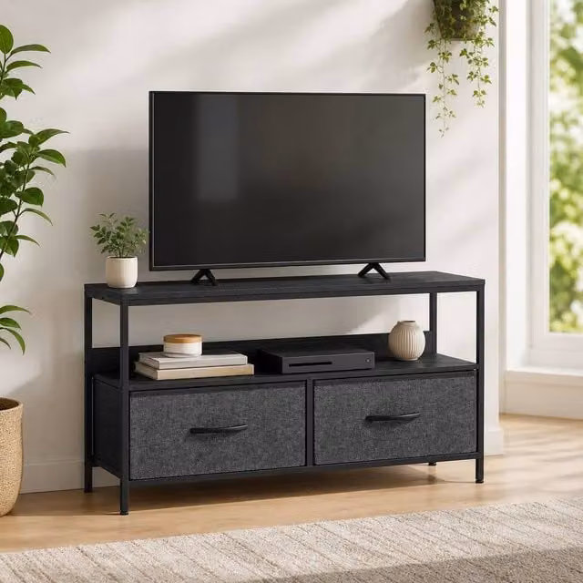 STILVORA Industrial Metal TV Stand in Matt Black with 2 Drawers and Shelf – 1