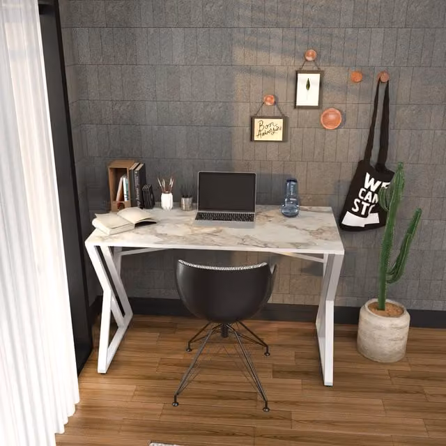 Decorotika Gyza Computer Desk with White Marble Effect MDF Top and White Metal X-Frame Legs
