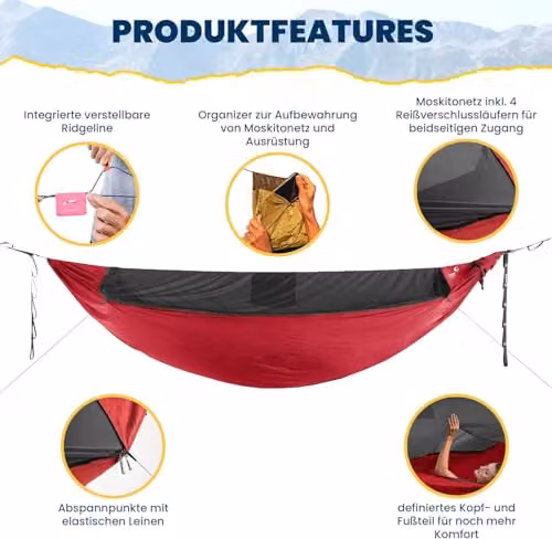 Ticket to the Moon Parachute Hammock Pro with Integrated Mosquito Net, Carabiners and Ridgeline, Bordeaux Red, 325 x 170 cm – 6