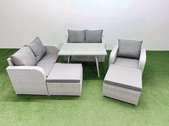 Fimous 7 Seater PE Rattan Garden Furniture Set with Love Sofa and Reclining Chairs in Light Grey