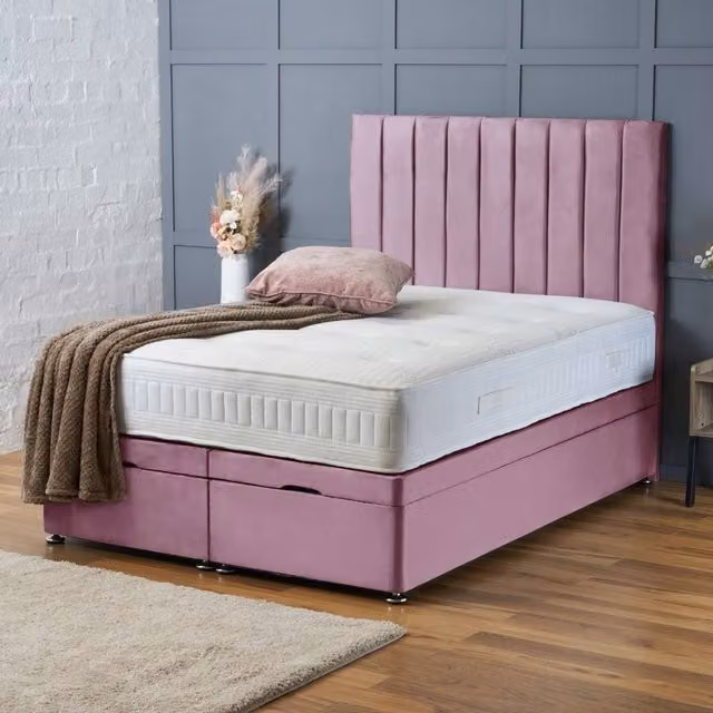 BSSPOKE Aria Ottoman Divan Bed with Panel Headboard in Pink Plush Velvet, Double, W/D/H: 140 x 200 cm