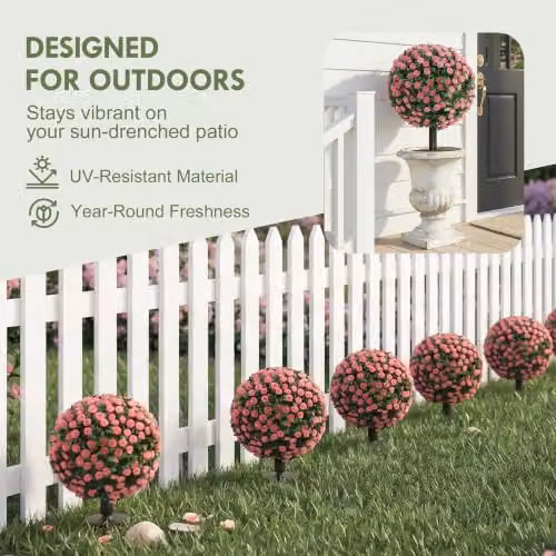 HOMCOM Set of 2 Pink Artificial Rose Topiary Trees, UV-Resistant Round Floral Plants, Height: 55 cm, Width: 30 cm, Depth: 30 cm – 3