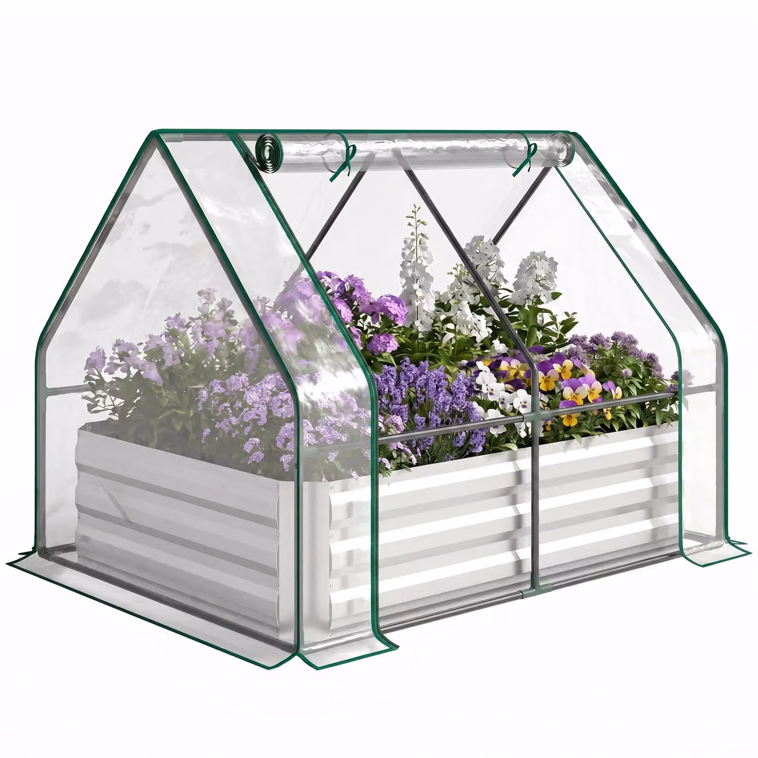 Outsunny Steel Raised Garden Bed Planter Box with Greenhouse and Window in White – 3