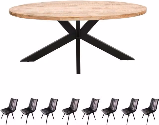 IH Design Merlin Mango Wood Oval Dining Table Set with 8 Chairs, Brown