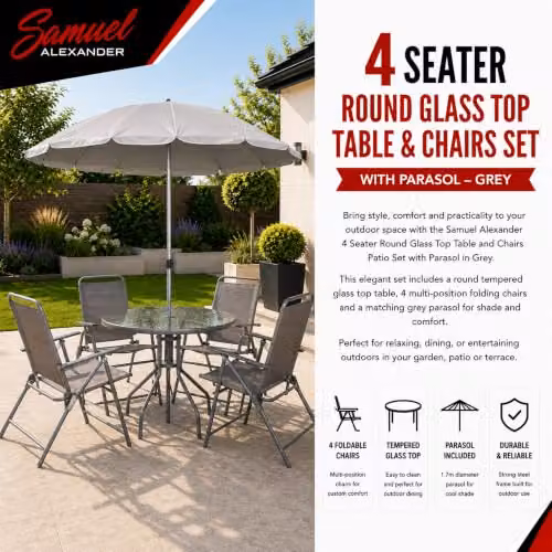 Samuel Alexander 4 Seater Outdoor Patio Set with Round Glass Top Table, Chairs and Parasol in Grey – 3