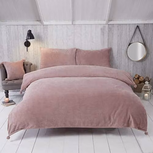 Rapport Home So Soft Pom Pom Teddy Fleece Duvet Cover and Pillowcase Set in Pink, Double (W: 140 cm, L: 200 cm)