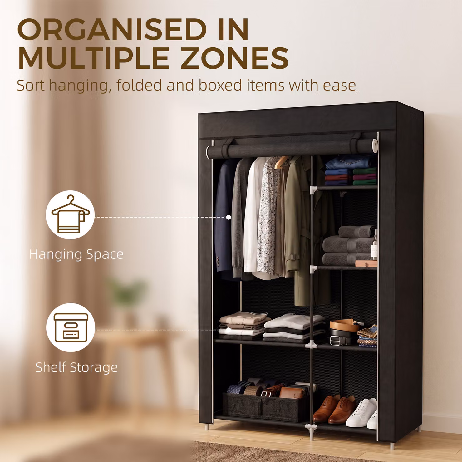 HOMCOM Black Fabric Wardrobe with Internal Shelves and Hanging Rail, W/D/H: 103 x 43 x 162.5 cm – 4