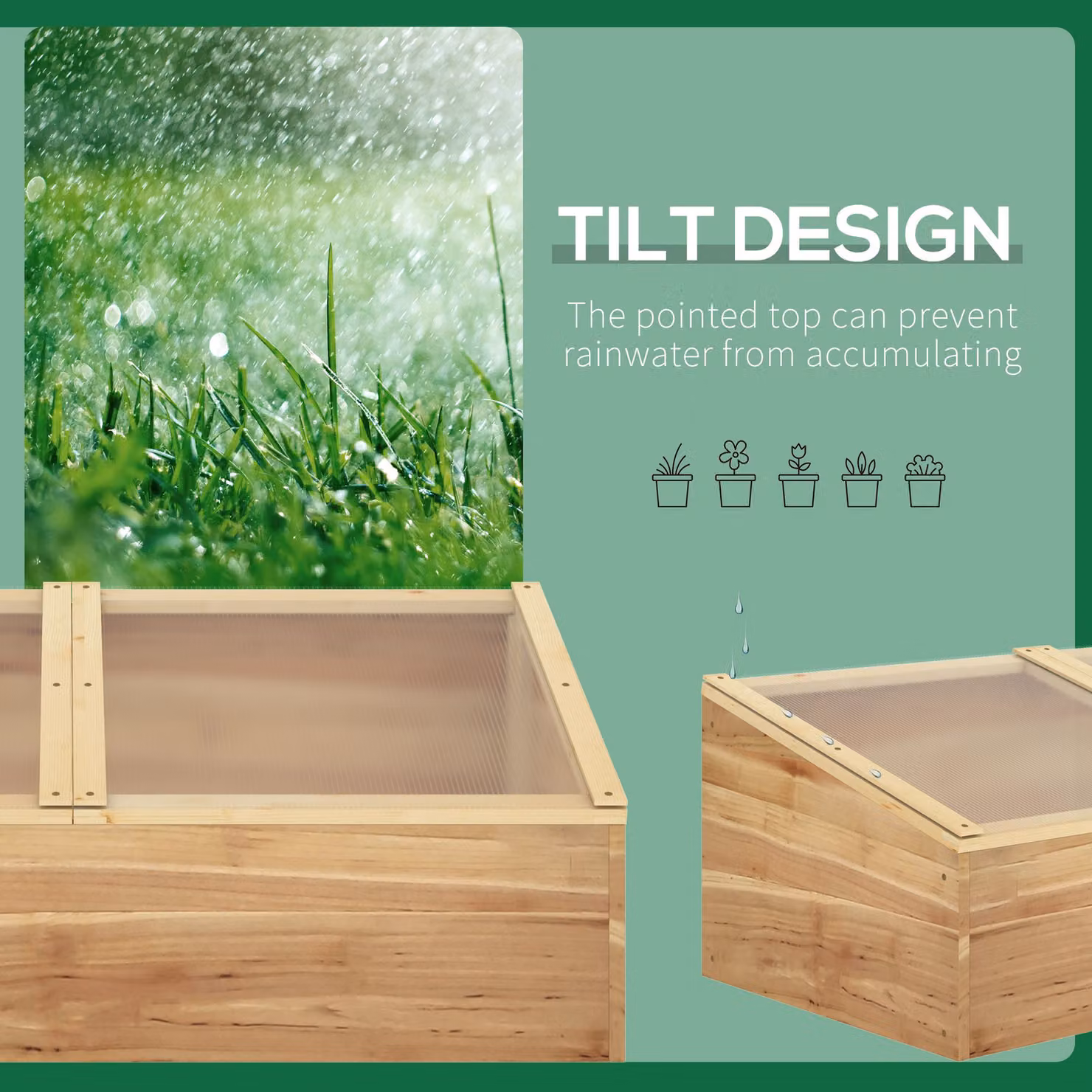 Outsunny Wooden Cold Frame Greenhouse with Polycarbonate Cover in Natural for Flowers and Vegetables, W: 100 cm, D: 50 cm, H: 36 cm – 4