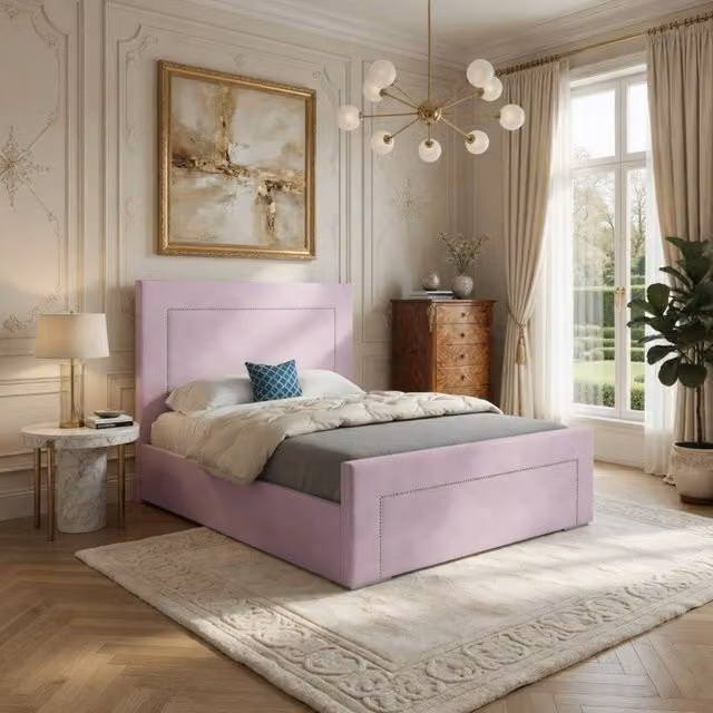KDMD Lutterworth Upholstered Pink Velvet Designer Bed Frame, W/D/H: 180 x 159 x 137 cm – 1