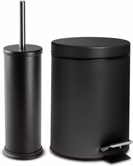 Harbour Housewares 3L Round Stainless Steel Pedal Bin and Toilet Brush Set in Black – 3