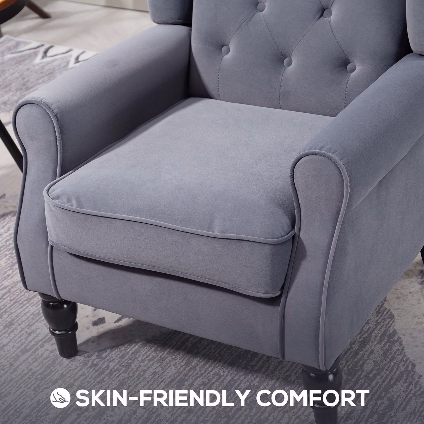 HOMCOM Retro Wingback Accent Chair in Grey Velvet with Solid Wood Frame – 6