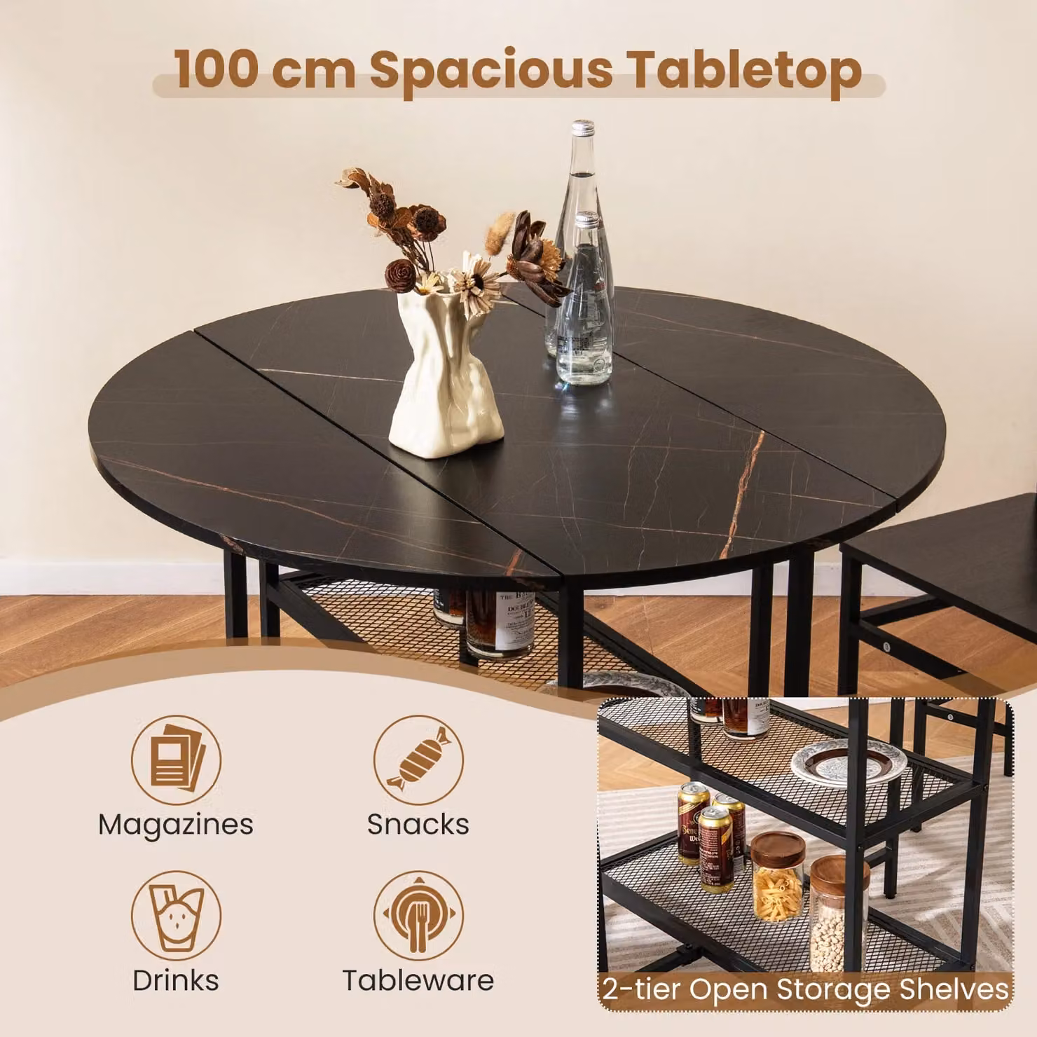 Gymax Modern Round Kitchen Dining Table with Drop Leaf Top in Black, Diameter: 100 cm – 6