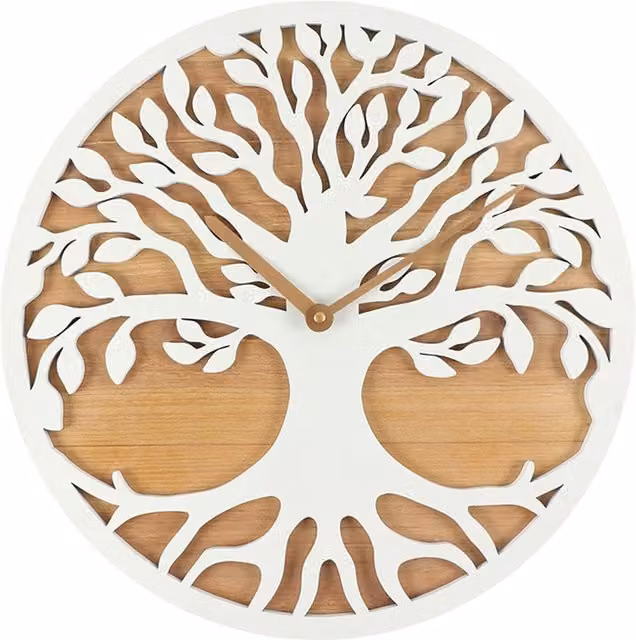 KDMK White Tree of Life Cut Out Round Wood Wall Clock, Diameter: 40 cm