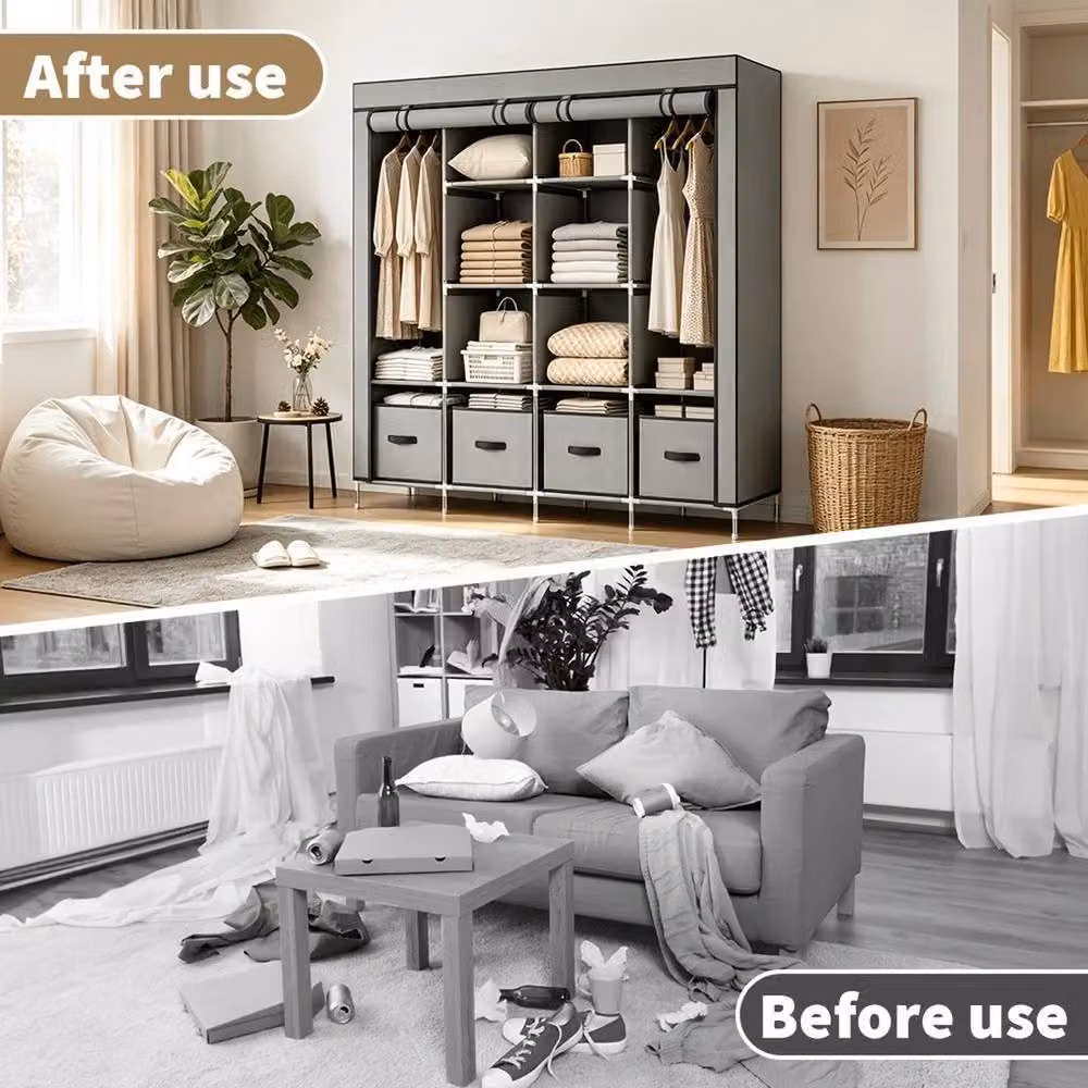 FORGEVIO Grey Clothes Storage Wardrobe with Roll Shutter and Integrated Drawers, H 175 x W 165 x D 42 cm – 3