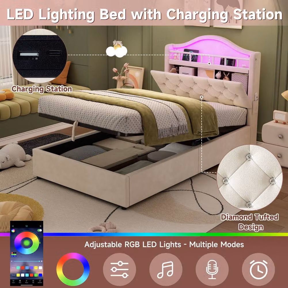 Matteo Single Hydraulic Velvet LED Bed Frame with Storage and Charging Station in Beige, W/D/H: 90 x 200 cm – 5
