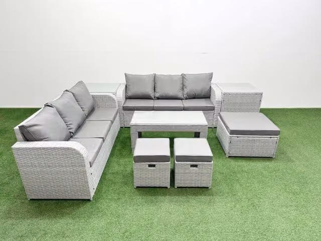 Fimous 9 Seater Grey Wicker Rattan Garden Furniture Set with High Back Lounge Sofa, Oblong Coffee Table, 3 Stools and 2 Side Tables