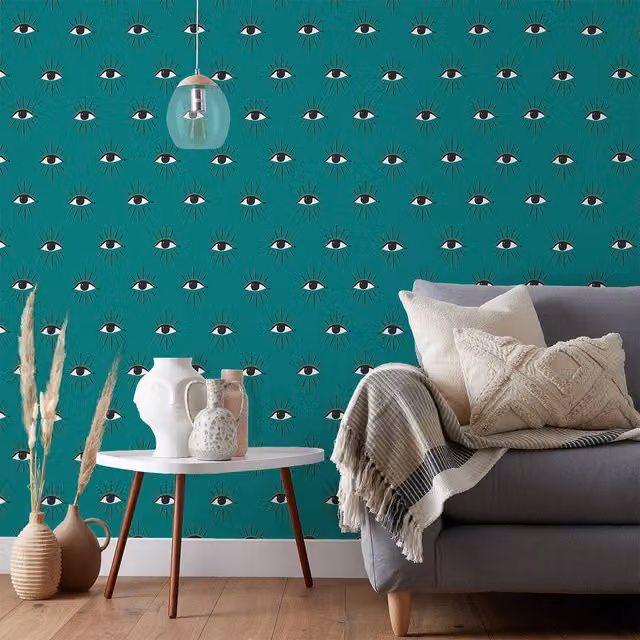 Furn Theia Abstract Eye Foiled Printed Wallpaper in Turquoise and Gold