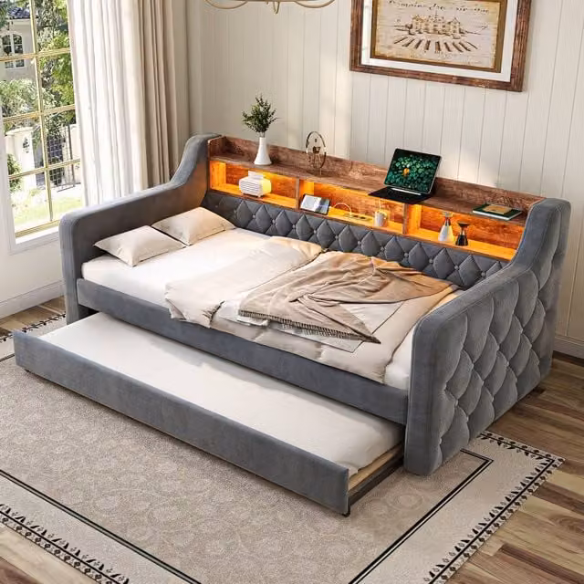 BTM Single Velvet Daybed with Storage, LED Under-Bed Lighting and USB-C Charging Port, Dark Grey, W/D/H: 190 x 90 x 48.2 cm