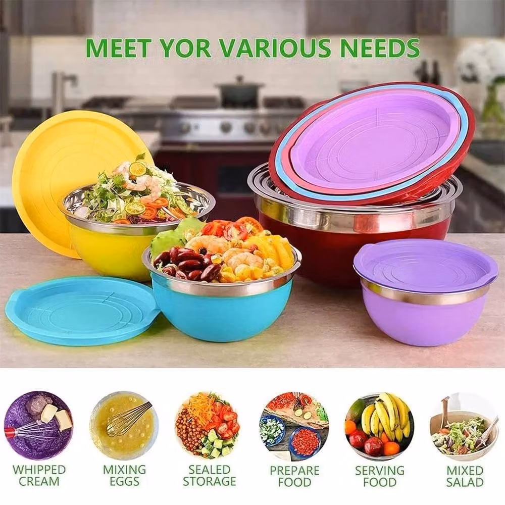 FLAVORA 5 Pack Stainless Steel Mixing Bowls with Lids, Silver and Multicolour, 1000ml each – 4