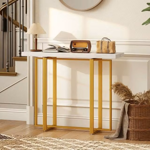 EONLION Modern Rectangular Console Table with White Faux Marble Top and Gold Metal Frame, Width: 100 cm