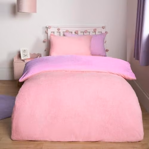 Brentfords Reversible Teddy Fleece Double Duvet Set with Pillowcases in Pink and Purple, 200 x 200 cm – 1