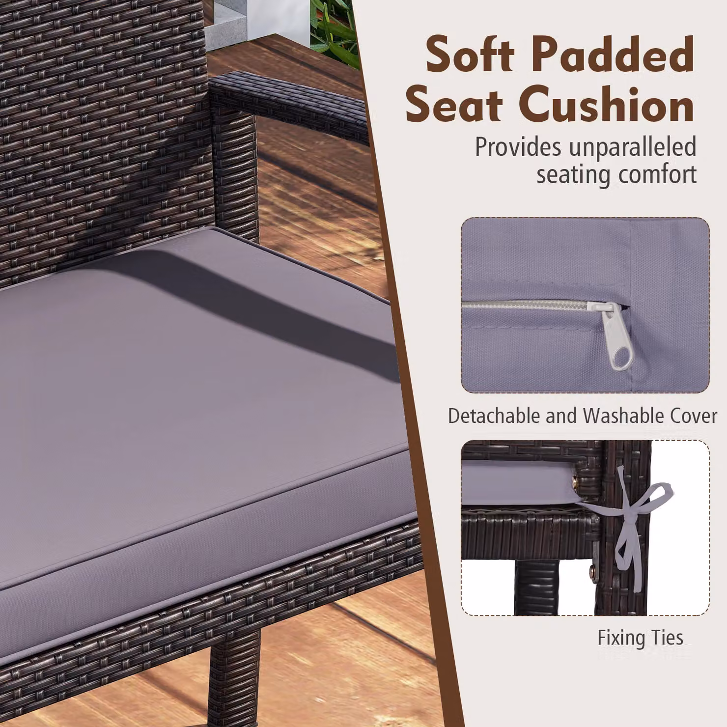 Costway Grey Rattan 2-Seat Patio Loveseat Wicker Bench with Soft Cushions – 6