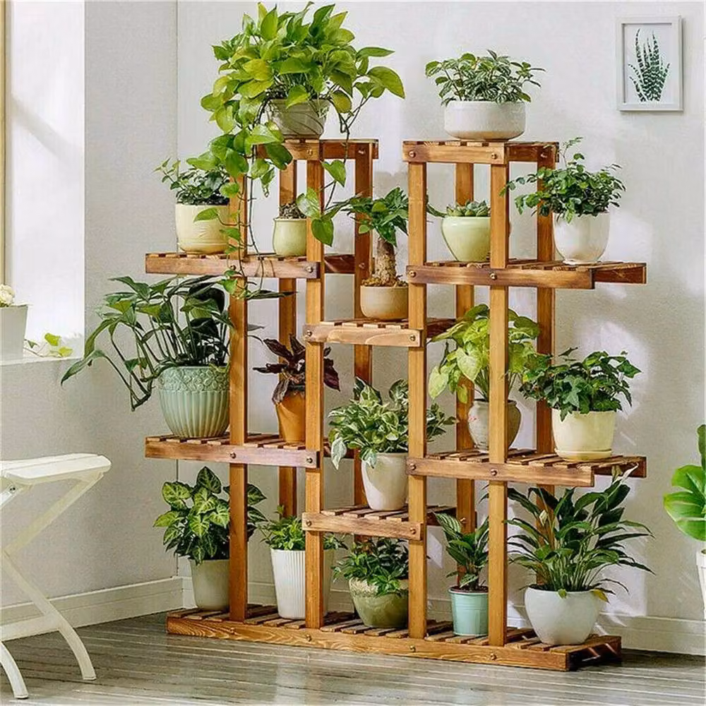 NESTLUNE Heavy Duty Large Capacity Plant Stand in Natural Wood and Metal, W/D/H: 100 x 15 x 15 cm – 3