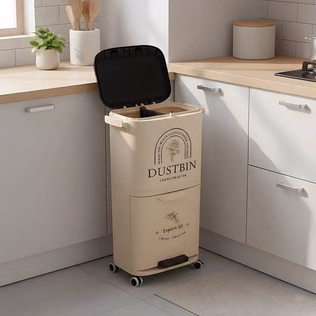 FORGEVIO Large Capacity Mobile Recycling Bin with Removable Inner Bucket, Beige – 1