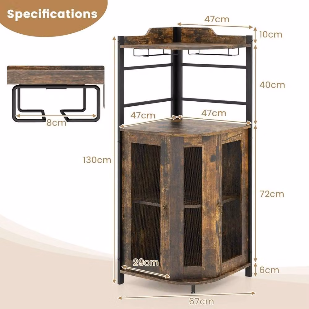 Kelvenix Industrial Corner Wine Cabinet Buffet in Brown with Glass Doors – 2