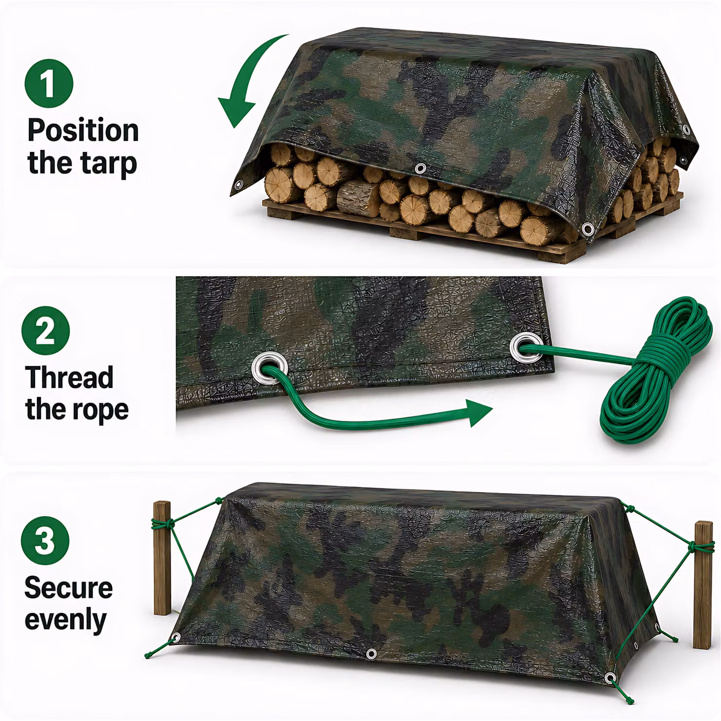 SolaDirect Camo Tarpaulin Heavy-Duty Waterproof 85gsm with 10m Elastic Tie Rope, Multicolour Green, W: 3 m, D: 2 m – 4