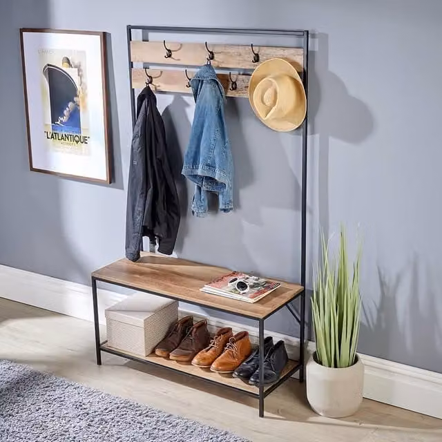 Home Source Modern Hallway Coat Rack and Storage Bench with Shoe Rack in Light Tan Oak Finish – 1